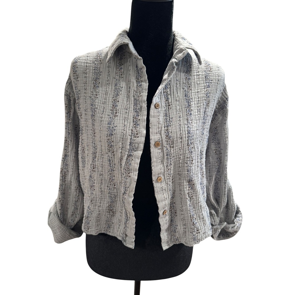 Love Notes Womens Large Floral Stripe Cotton Gauze Button Down Shirt Grey Blue